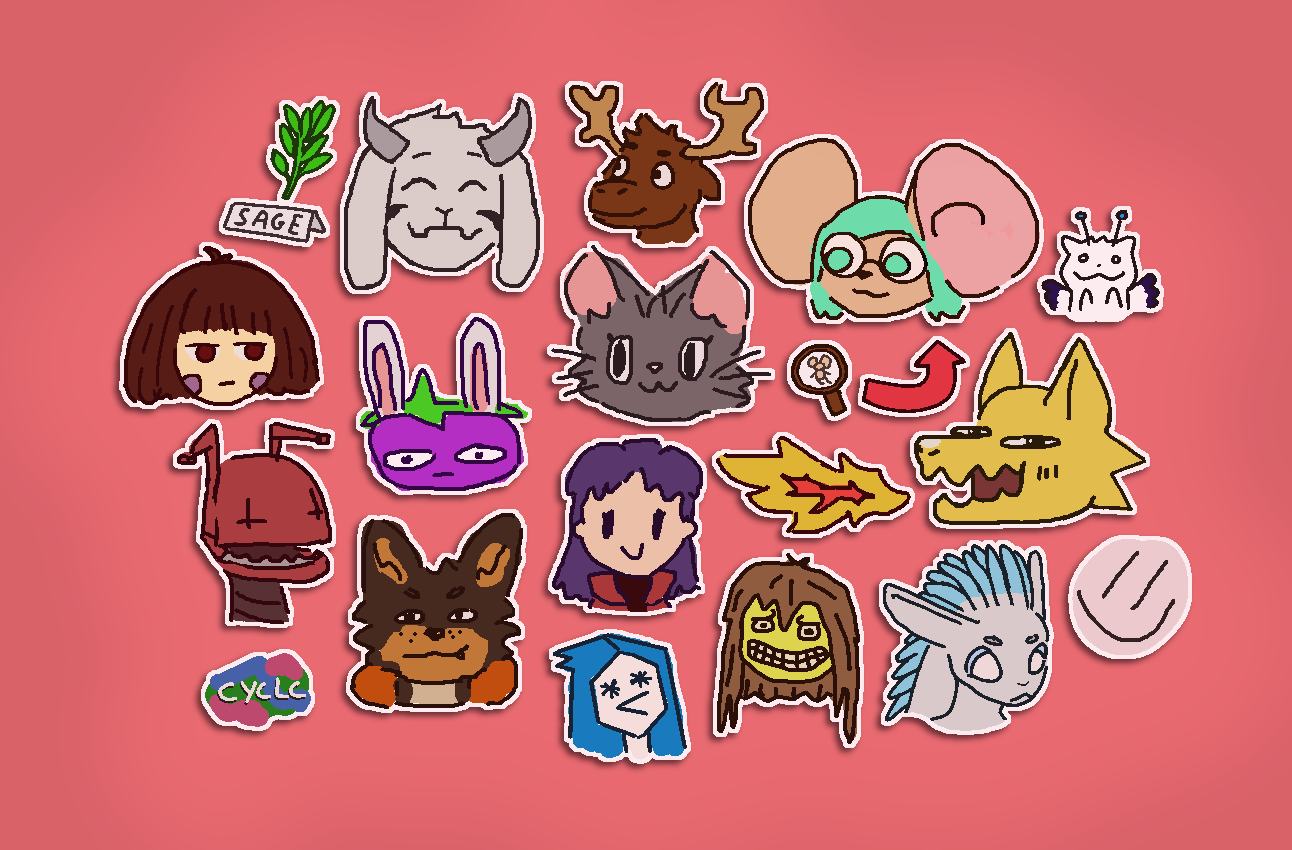 a collection of critters and creatures on a reddish background. all of them are the OCs of my friends. among others, there is a mouse with glasses, a gray cat, a yellow dragon, a moose, a goat, misato katsuragi, an avali, asriel and chara from undertale and an eggplant with bunny ears.