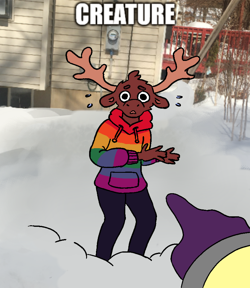 redraw of a meme with my friends original characterwho is a moose. They are standing in the middle of the image looking at the camera startled. there is a hand pointing at them in the bottom corner and text above their head saying 'creature'