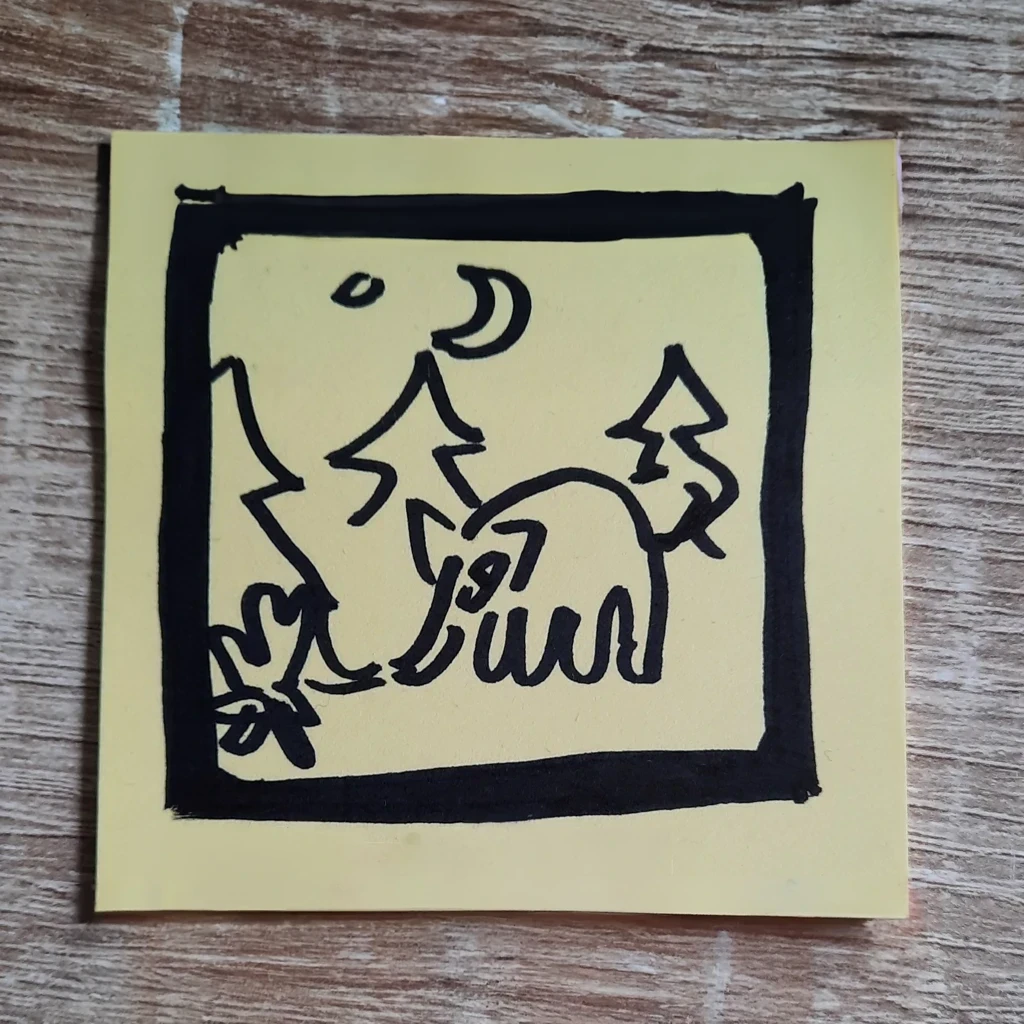 post it note doodle of the cover art for The Glow Part 2 by the Microphones, featuring a tiny elephant blowing out a campfire in a forest. there are trees and stars in the background