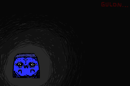a blue cube with a face sitting in the corner of the image in the dark looking sinister