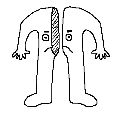 drawing of a humanoid figure who is split apart laterally into two parts. they have no head, there is a face on their chest
