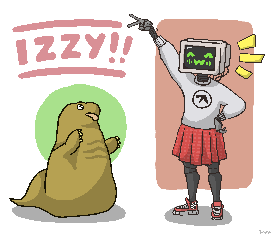 drawing of my friends original character who is a robot in a skirt and hoodie with a television for a head. They are holding up their arm doing a peace sign and simling. On the left side of the image there is Minazo, a famous southern elephant seal who was also featured on the album cover of Merzbeat by Merzbow. There is splash text saying IZZY in the top corner.