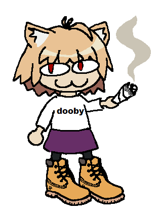 neco arc wearing timbs and a shirt that says "dooby" smoking a funny cigarette