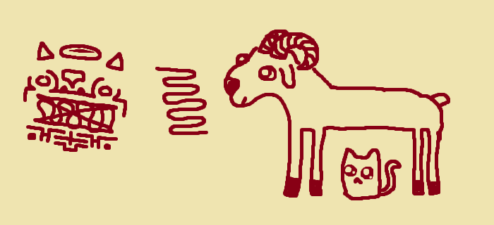 a goat and a cat facing an abscract face with horns and exposed teeth. they look anxious. there is a swirly line between the face and the animals