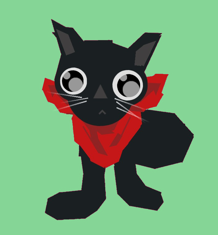 rough depiction of sakamoto from nichijou. Sakamoto is a black cat wearing a red scarf. He has big googly eyes and crooked feet