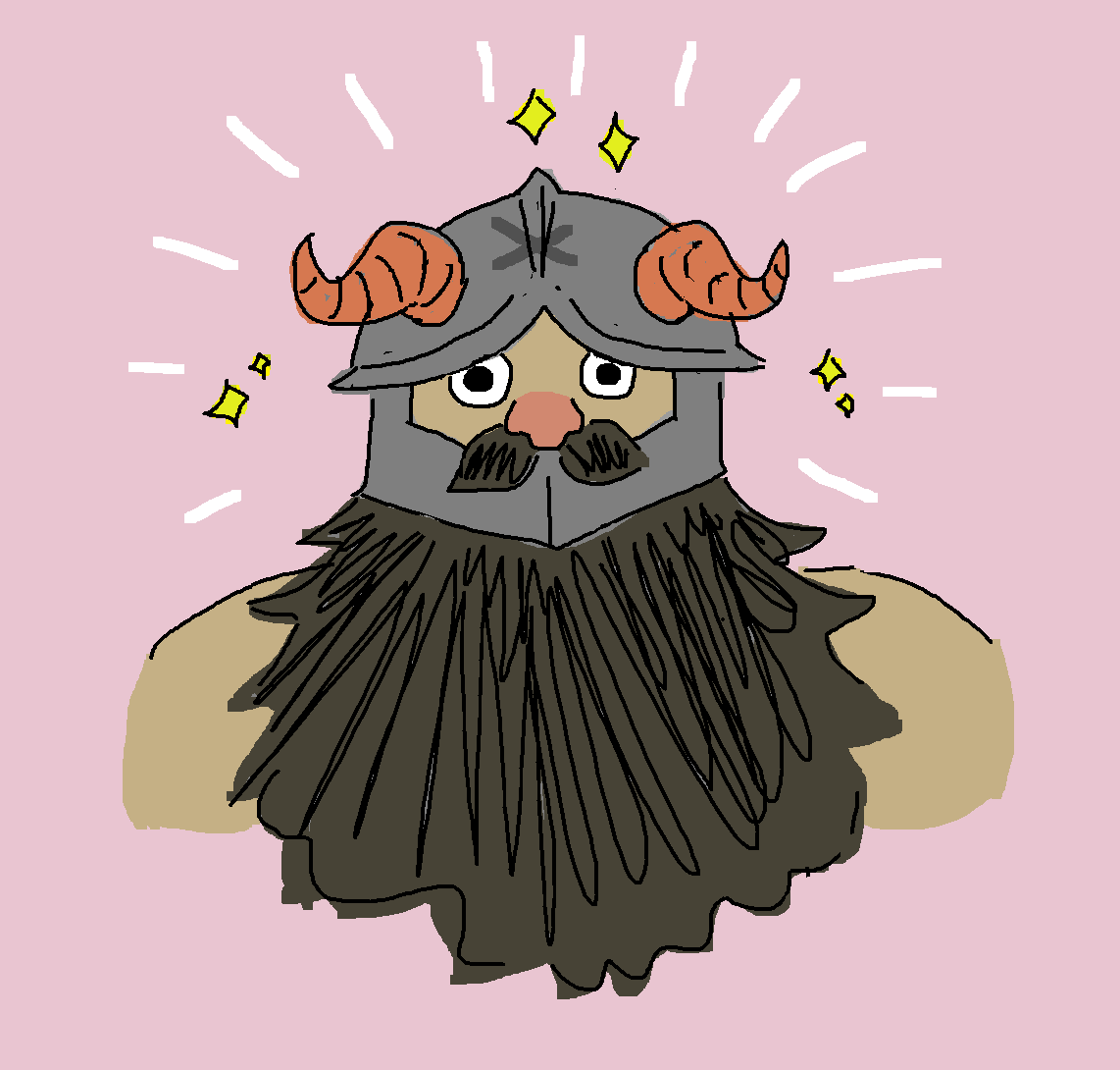 mspaint drawing of senshi from dungeon meshi. he is a dwarf with round eyes and a big nose, his bushy dark beard sticks out from under his horned helmet. he is sparkling and shining