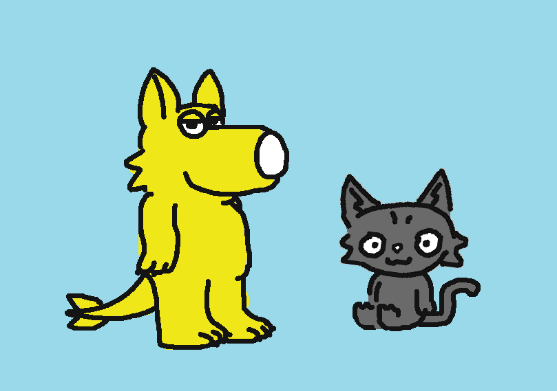 redraw of my two friend's fursonas as family guy characters. to the left there is a yellow dragon with a white nose in the shape of brian griffin, to the right there is a gray cat in the shape of stewie griffin.