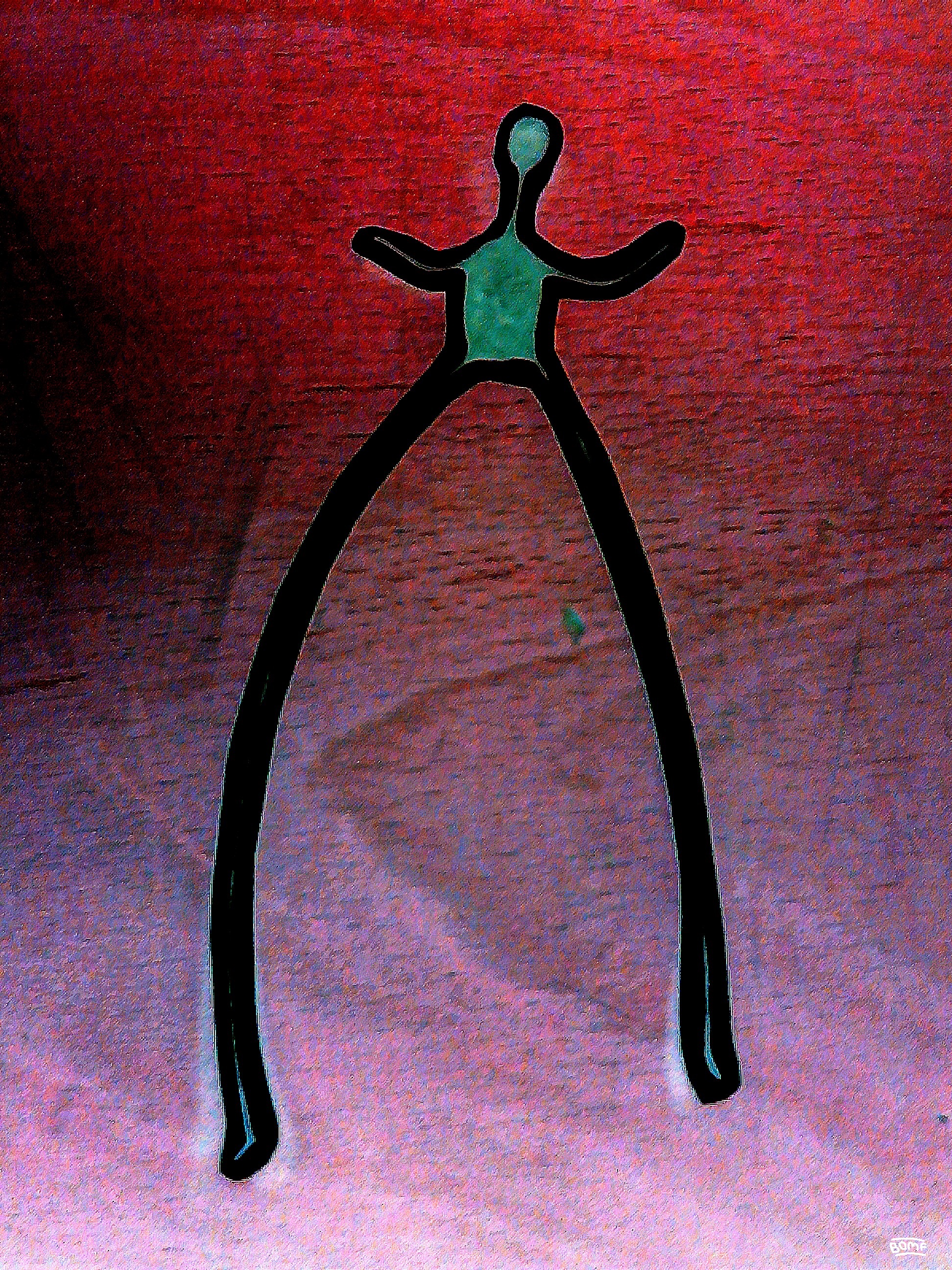 very lanky humanoid figure taking a big step on a red and teal gradient background