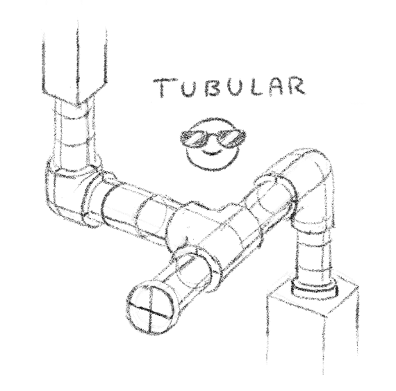 isometric drawing of tubes and pipes with a cool sunglasses emoji