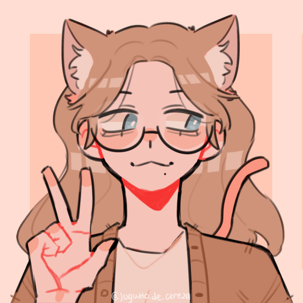catgirl with glasses doing a piece sign looking away from the viewer