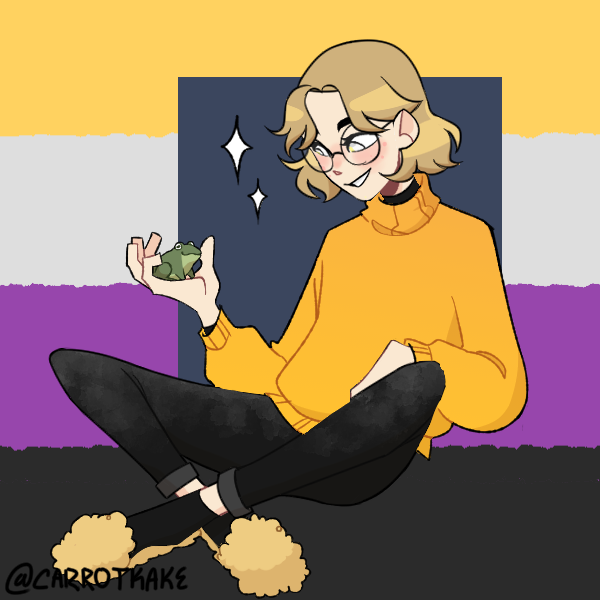 person wearing a yellow pullover and fuzzy slippers holding a cute frog in their hand. The background of the image is a nonbinary pride flag