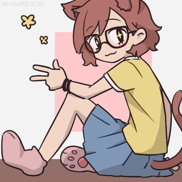 person with cat ears and tail sitting on the floor and doing a peace sign with their hand 